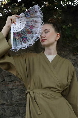 Kruvaze Bağlamalı Abaya Haki - 8