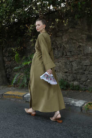 Kruvaze Bağlamalı Abaya Haki - 9