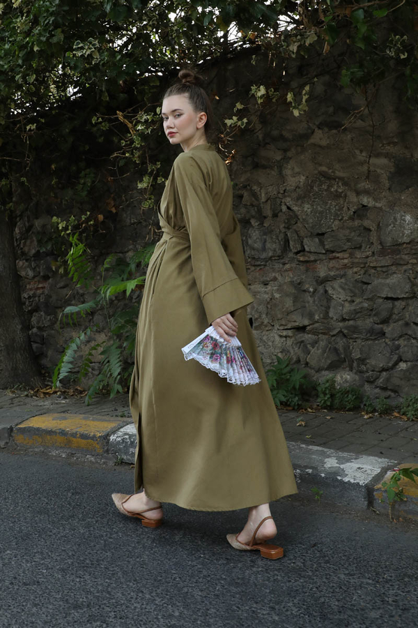 Kruvaze Bağlamalı Abaya Haki - 9