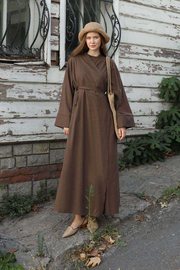 Kruvaze Bağlamalı Abaya Kahverengi - 1