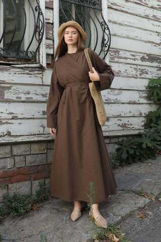 Kruvaze Bağlamalı Abaya Kahverengi - 3