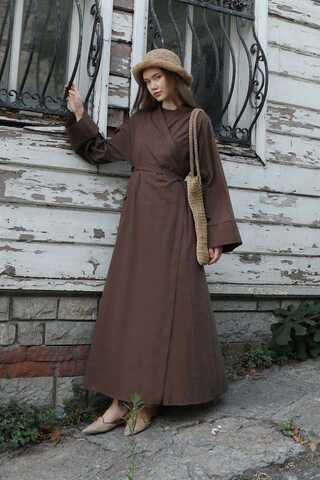 Kruvaze Bağlamalı Abaya Kahverengi - 4