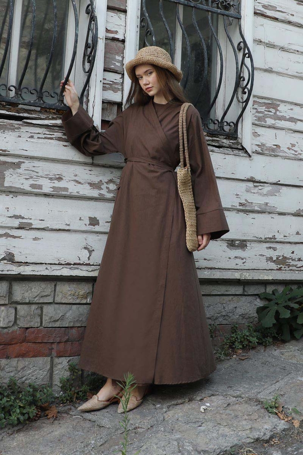 Kruvaze Bağlamalı Abaya Kahverengi - 4