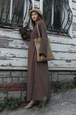 Kruvaze Bağlamalı Abaya Kahverengi - 5