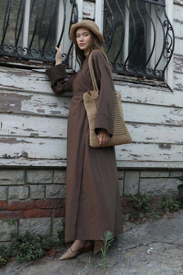 Kruvaze Bağlamalı Abaya Kahverengi - 5