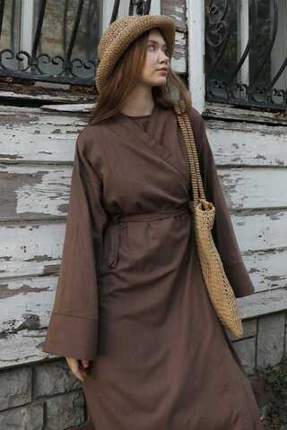 Kruvaze Bağlamalı Abaya Kahverengi - 7