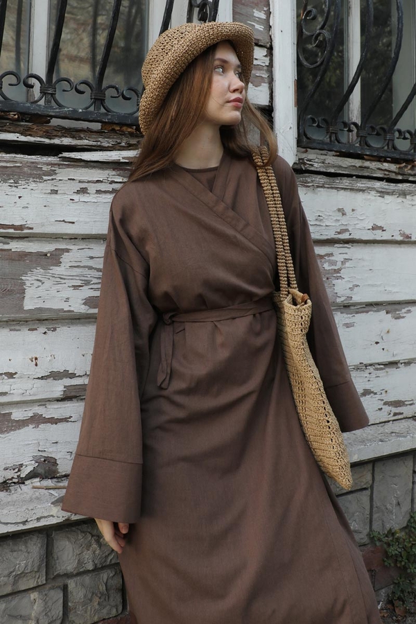 Kruvaze Bağlamalı Abaya Kahverengi - 7