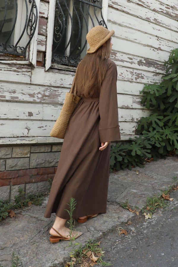 Kruvaze Bağlamalı Abaya Kahverengi - 9