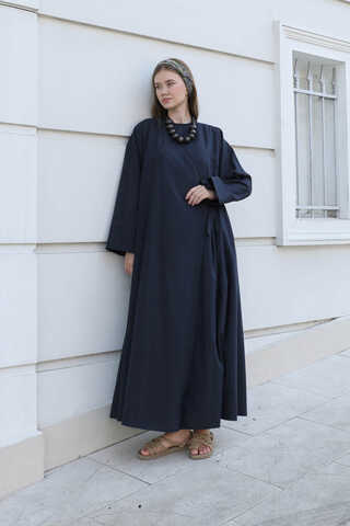 Kruvaze Bağlamalı Abaya Lacivert - 1