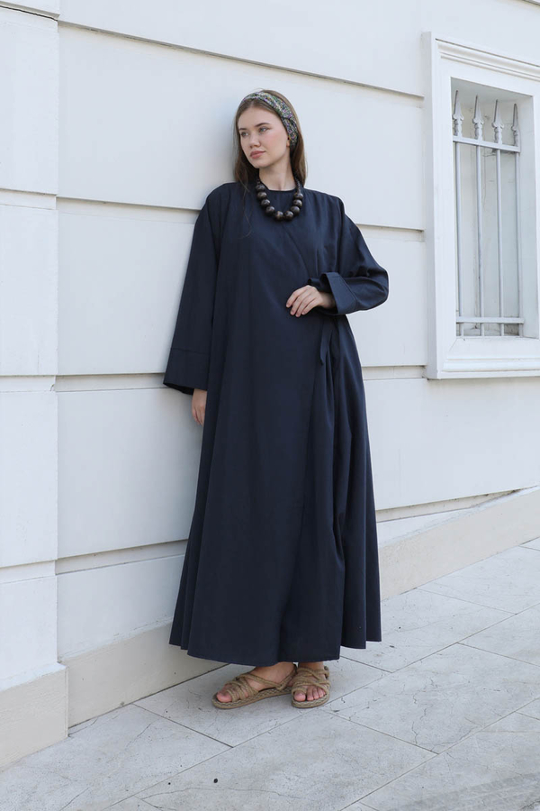 Kruvaze Bağlamalı Abaya Lacivert - 1