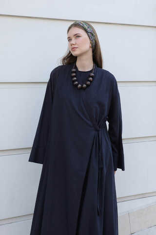 Kruvaze Bağlamalı Abaya Lacivert - 3