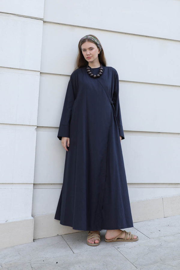 Kruvaze Bağlamalı Abaya Lacivert - 5