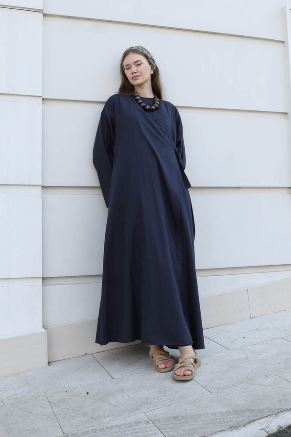 Kruvaze Bağlamalı Abaya Lacivert - 6