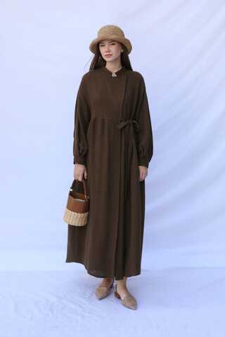 Kruvaze Bağlamalı Müslin Elbise Kahverengi - 2