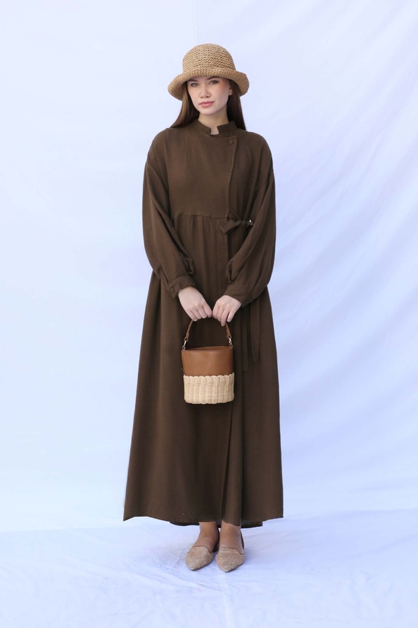 Kruvaze Bağlamalı Müslin Elbise Kahverengi - 3