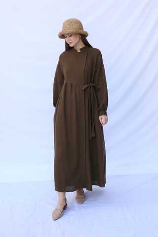 Kruvaze Bağlamalı Müslin Elbise Kahverengi - 1
