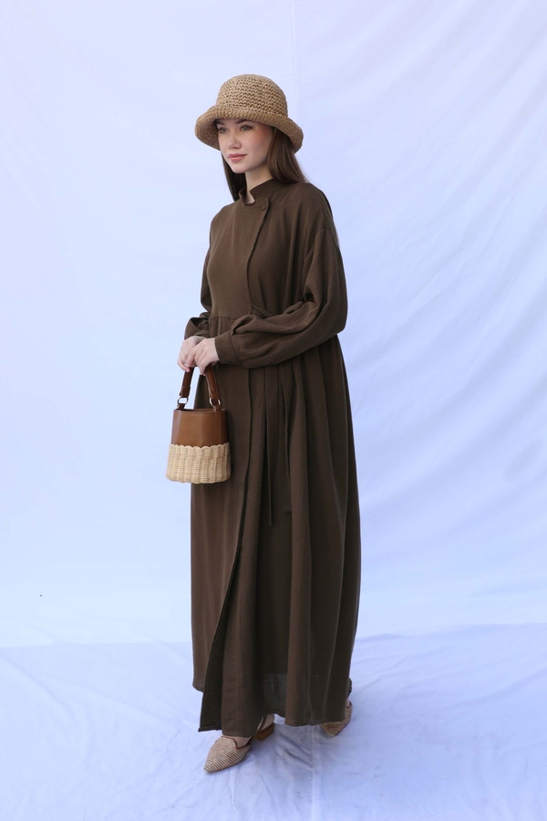 Kruvaze Bağlamalı Müslin Elbise Kahverengi - 4