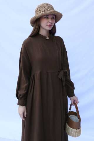 Kruvaze Bağlamalı Müslin Elbise Kahverengi - 6