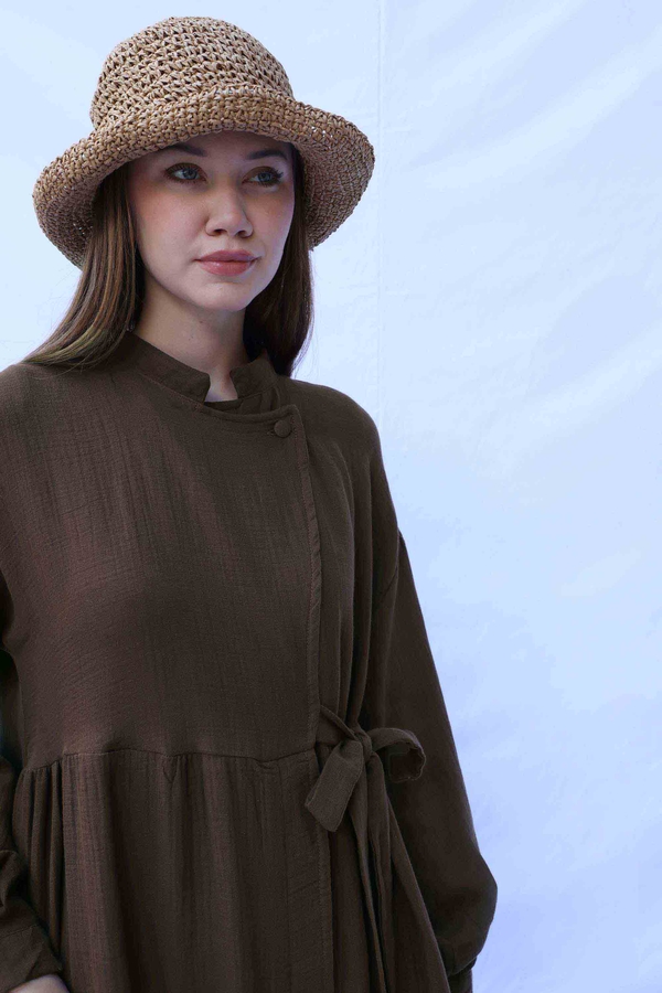 Kruvaze Bağlamalı Müslin Elbise Kahverengi - 7