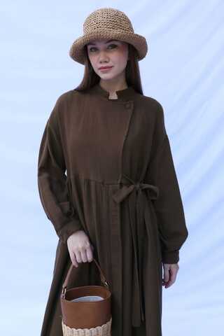 Kruvaze Bağlamalı Müslin Elbise Kahverengi - 8