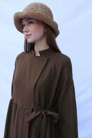 Kruvaze Bağlamalı Müslin Elbise Kahverengi - 9