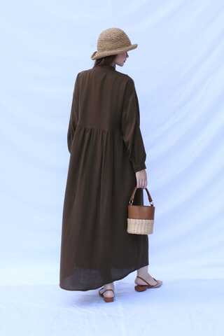 Kruvaze Bağlamalı Müslin Elbise Kahverengi - 10