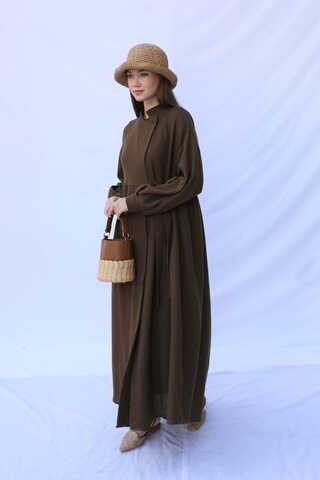 Kruvaze Bağlamalı Müslin Elbise Kahverengi - 4