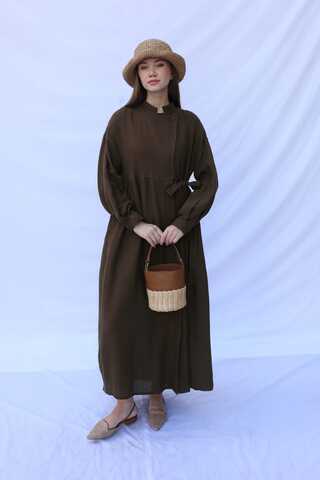 Kruvaze Bağlamalı Müslin Elbise Kahverengi - 5