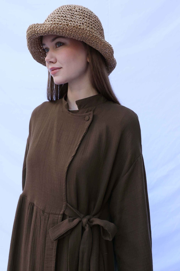 Kruvaze Bağlamalı Müslin Elbise Kahverengi - 9