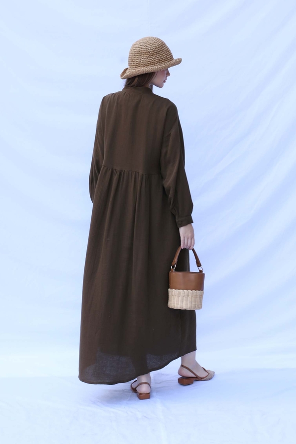 Kruvaze Bağlamalı Müslin Elbise Kahverengi - 10