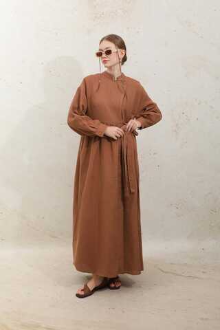 Kruvaze Bağlamalı Müslin Elbise Kiremit - 3