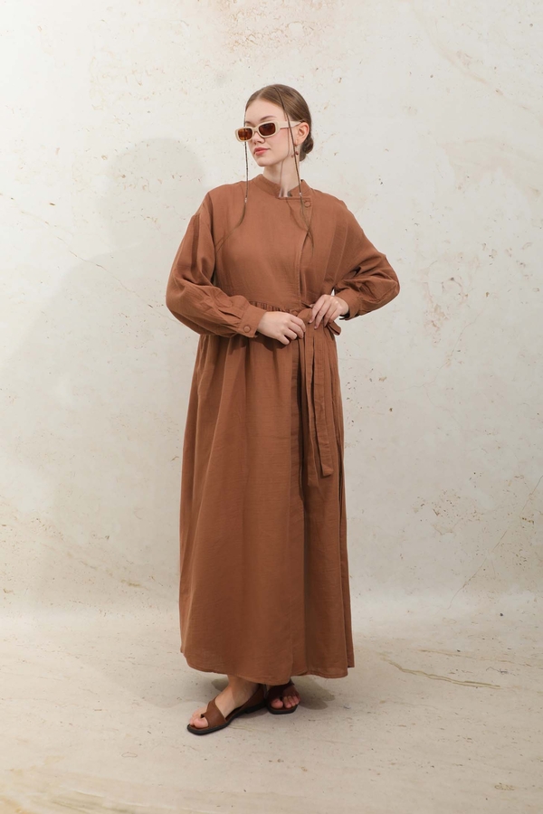 Kruvaze Bağlamalı Müslin Elbise Kiremit - 3