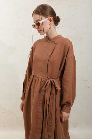 Kruvaze Bağlamalı Müslin Elbise Kiremit - 5