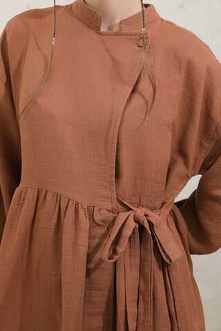 Kruvaze Bağlamalı Müslin Elbise Kiremit - 6