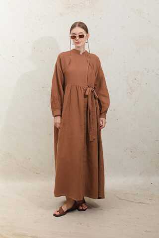 Kruvaze Bağlamalı Müslin Elbise Kiremit - 2
