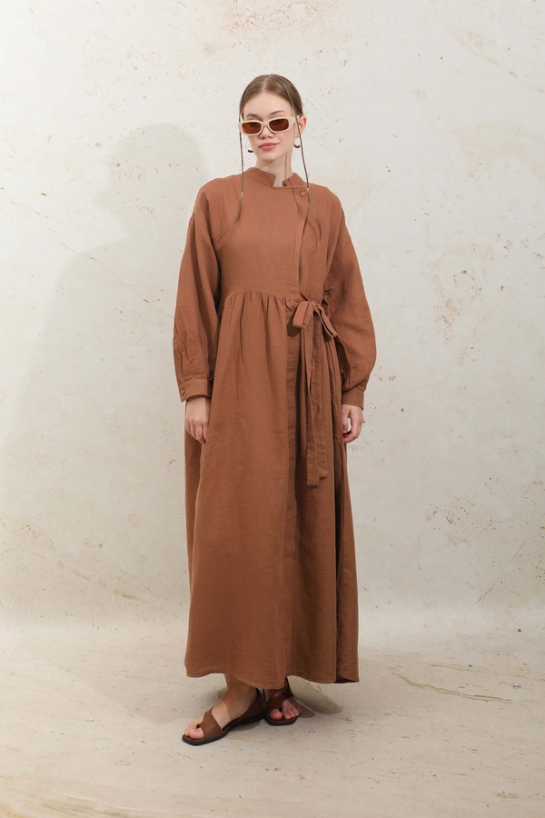 Kruvaze Bağlamalı Müslin Elbise Kiremit - 2