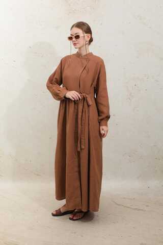 Kruvaze Bağlamalı Müslin Elbise Kiremit - 1