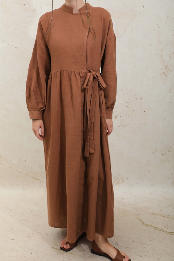 Kruvaze Bağlamalı Müslin Elbise Kiremit - 4