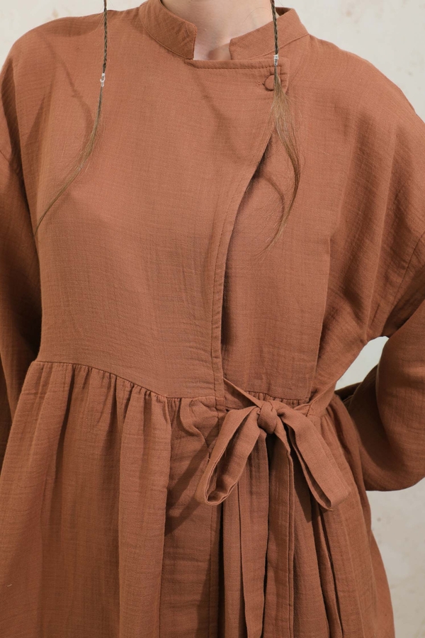 Kruvaze Bağlamalı Müslin Elbise Kiremit - 6