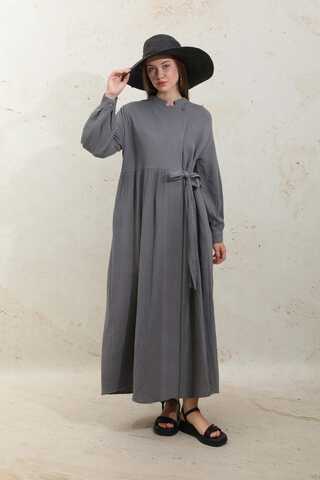 Kruvaze Bağlamalı Müslin Elbise Koyu Gri - 1
