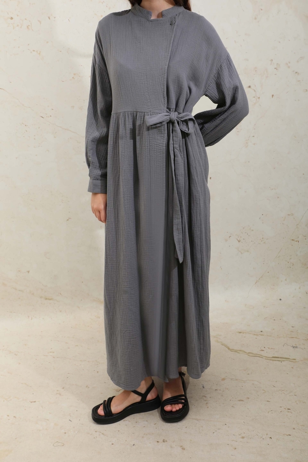 Kruvaze Bağlamalı Müslin Elbise Koyu Gri - 5