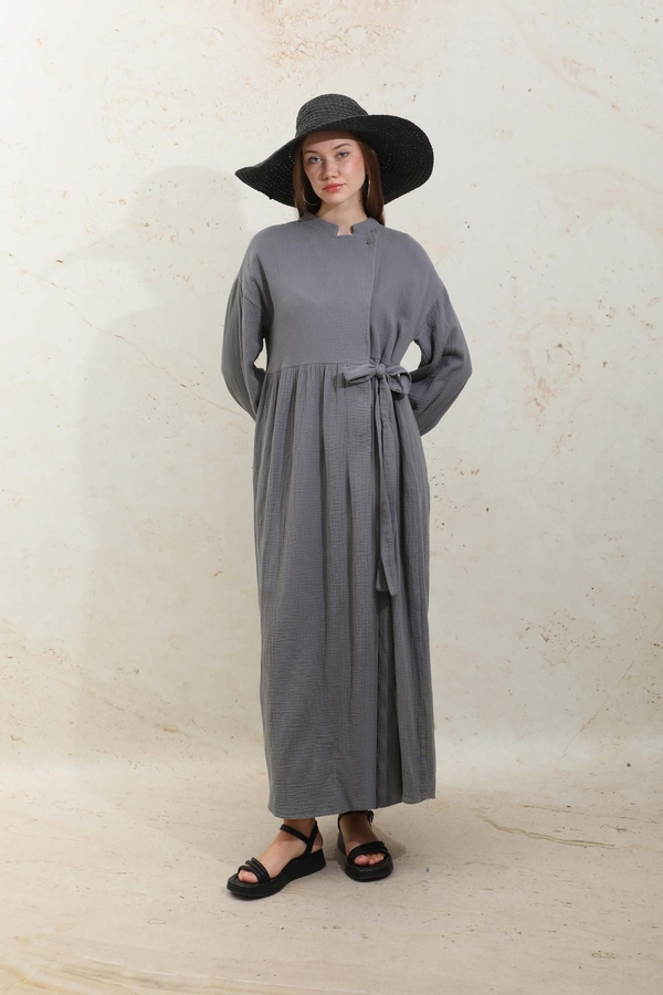 Kruvaze Bağlamalı Müslin Elbise Koyu Gri - 6