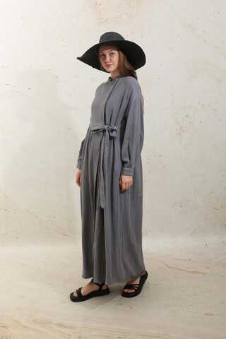Kruvaze Bağlamalı Müslin Elbise Koyu Gri - 8