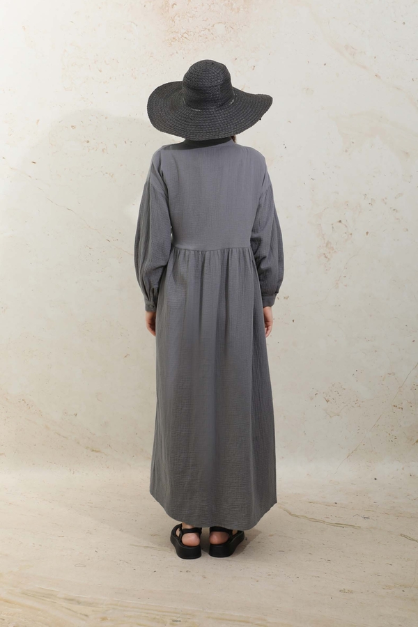 Kruvaze Bağlamalı Müslin Elbise Koyu Gri - 15