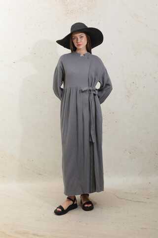 Kruvaze Bağlamalı Müslin Elbise Koyu Gri - 2