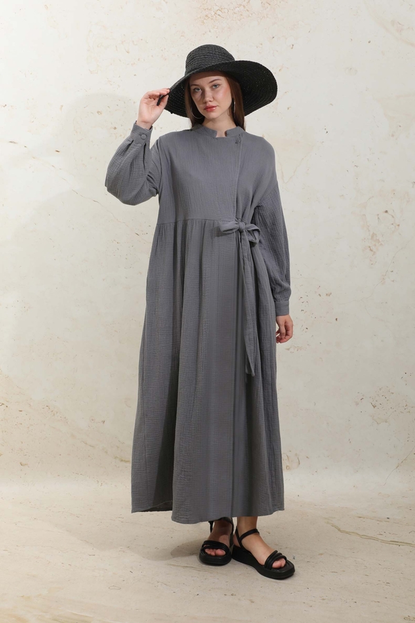 Kruvaze Bağlamalı Müslin Elbise Koyu Gri - 4