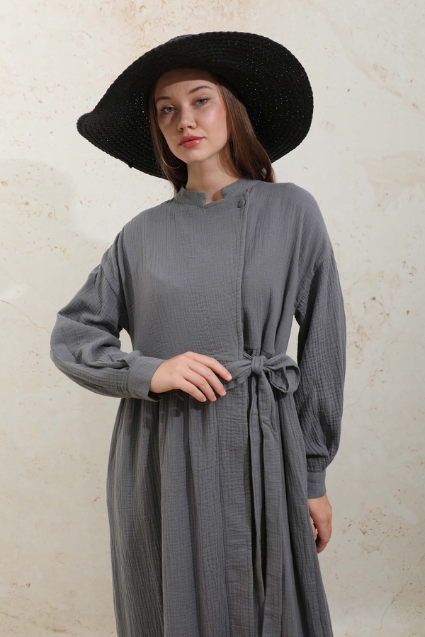 Kruvaze Bağlamalı Müslin Elbise Koyu Gri - 7