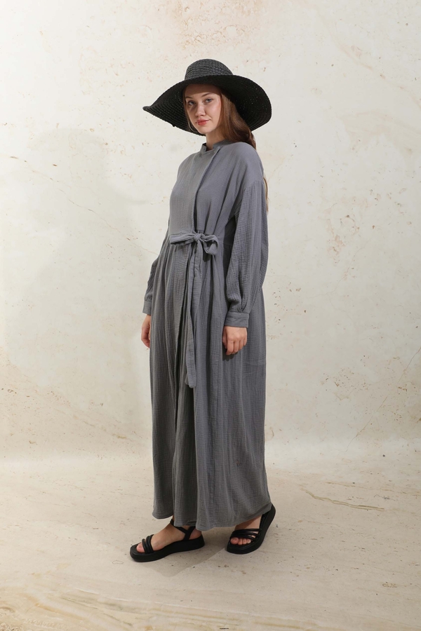 Kruvaze Bağlamalı Müslin Elbise Koyu Gri - 8