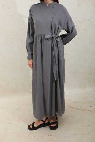 Kruvaze Bağlamalı Müslin Elbise Koyu Gri - 10