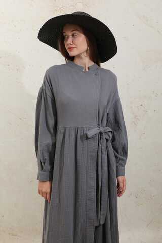 Kruvaze Bağlamalı Müslin Elbise Koyu Gri - 13